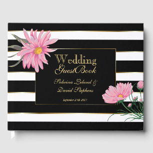 Wedding Pink Chrysanthemum Black White Stripes Guest Book