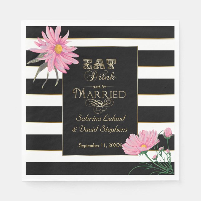 Wedding Pink Floral Bold Black and White Stripes Napkins (Front)