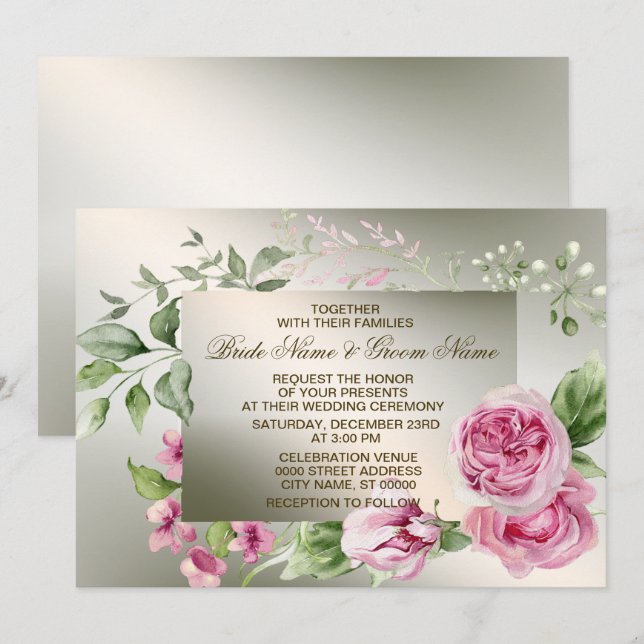 Wedding Pink Floral Frame Watercolor Shiny Bronze Invitation (Front/Back)