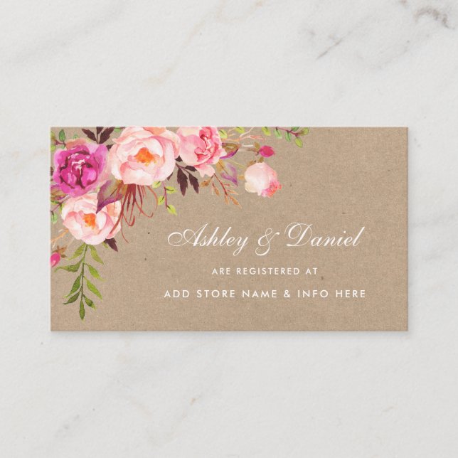 Wedding Pink Floral Kraft Registry Insert Card (Front)