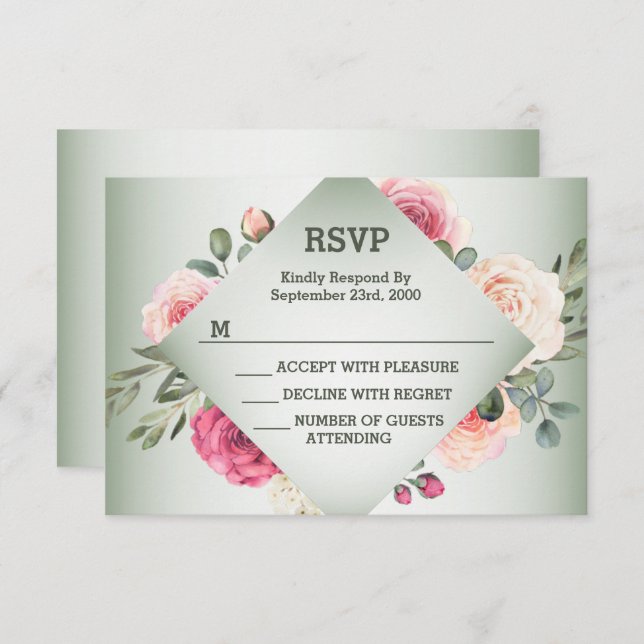 Wedding Pink Floral Rustic Geometric Green RSVP Card (Front/Back)