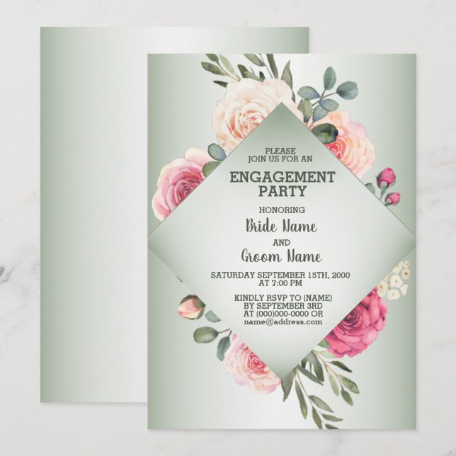 Wedding Pink Floral Rustic Green Engagement Party Invitation (Front/Back)