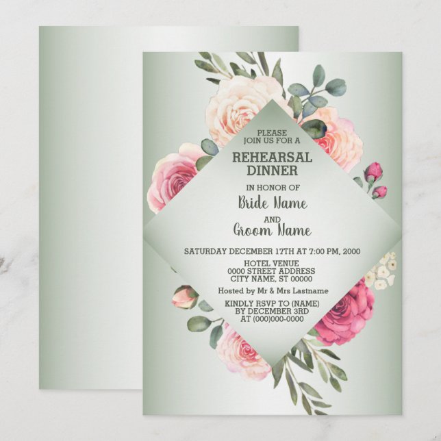 Wedding Pink Floral Rustic Green Rehearsal Dinner Invitation (Front/Back)