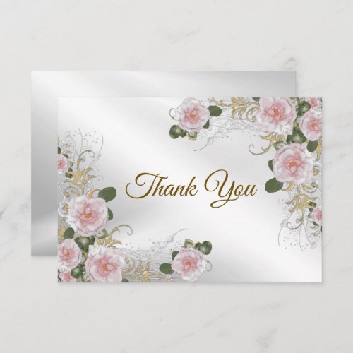 Wedding Pink Floral Silver Shiny Gray Elegant Thank You Card