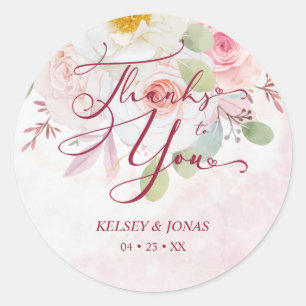 Wedding Pink Floral Thanks to You Whimsical Quote Classic Round Sticker