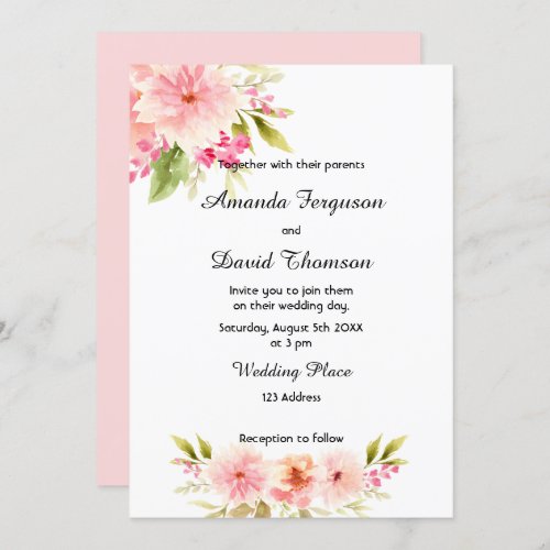 Wedding pink flowers white romantic invitation