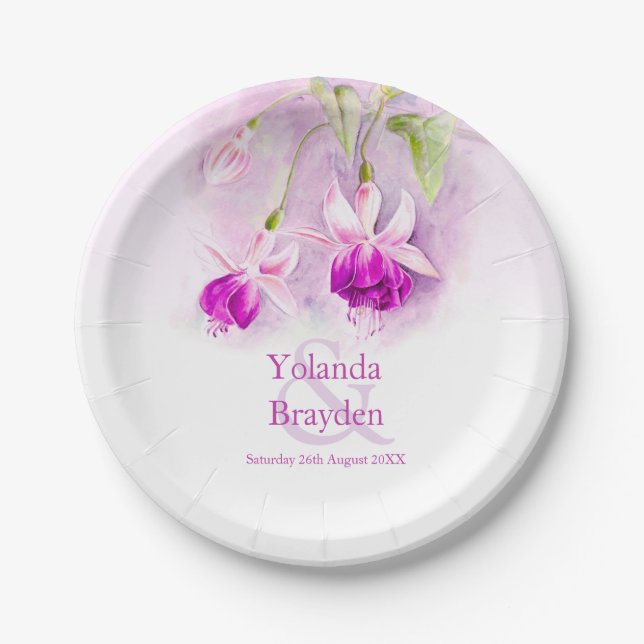 Wedding pink fuchsia watercolor art paper plates (Front)