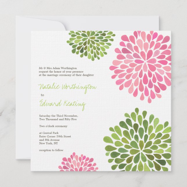 Wedding Pink & Green Flower Blooms Invitation (Front)