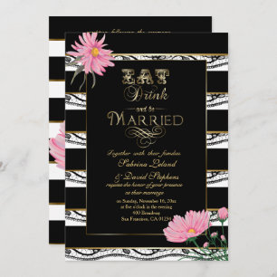 Wedding Pink Mums Black Lace White Stripes Invitation