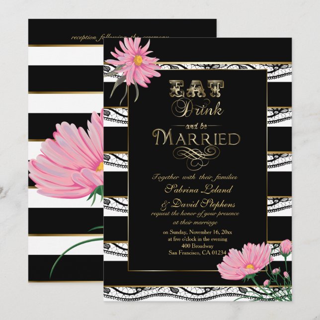 Wedding Pink Mums Black Lace White Stripes Invitation (Front/Back)