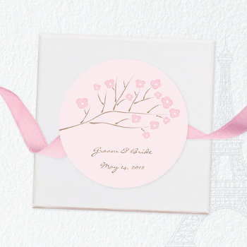 Wedding Pink On Pink Cherry Blossoms Classic Round Sticker by mangomoonstudio at Zazzle