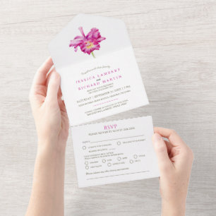 Wedding pink orchid flower watercolor meal RSVP All In One Invitation