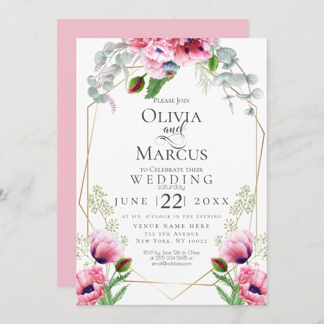 WEDDING | Pink Poppies and Foliage Invitation (Front/Back)
