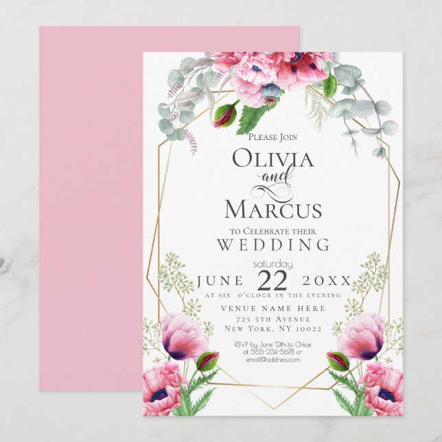 WEDDING | Pink Poppies and Foliage Invitation (Front/Back)