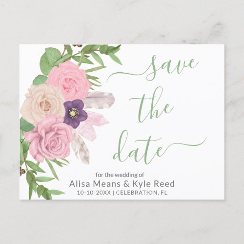 Wedding Pink Purple Floral Script Save the Date Announcement Postcard