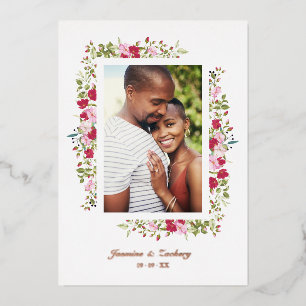 Wedding Pink & Red Shades Flowers & Branches Photo Foil Invitation