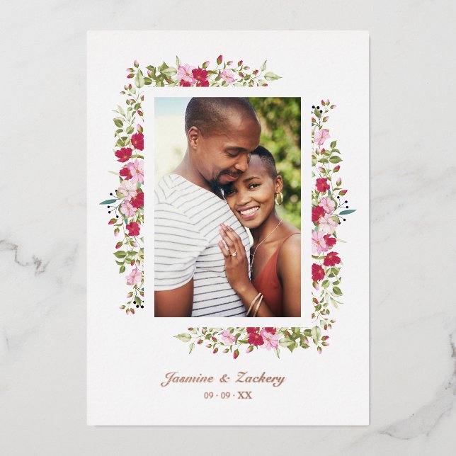Wedding Pink & Red Shades Flowers & Branches Photo Foil Invitation (Front)