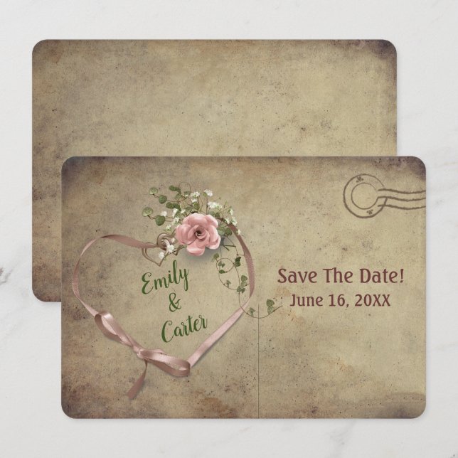 Wedding Pink Ribbon Heart Save the Date (Front/Back)
