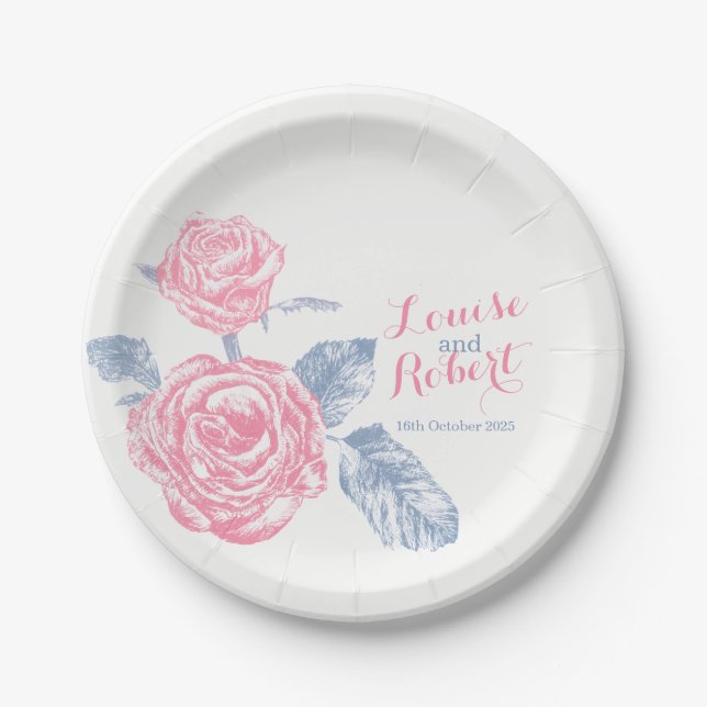 Wedding pink rose inked art custom paper plates (Front)