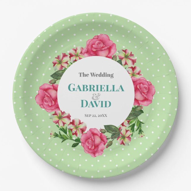 Wedding Pink Rose Red White Petunia Polka Dots Paper Plates (Front)