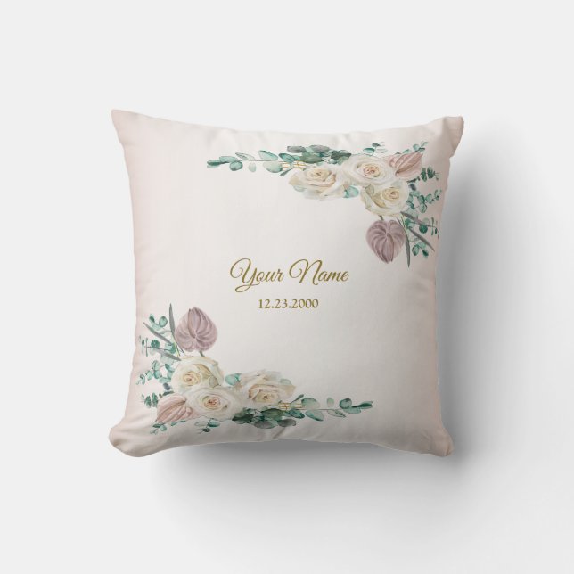 Wedding Pink Rose Watercolor Golden Dusty Party Throw Pillow (Front)