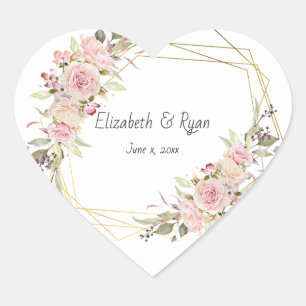 Wedding Pink Roses Gold Geometric Custom Heart Sticker