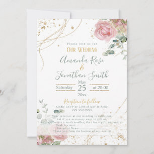 Wedding pink roses sade green and gold glitter invitation