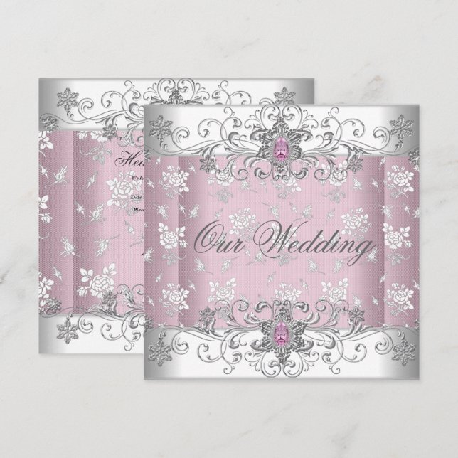 Wedding Pink Silver White Diamond Jewel Lace Invitation (Front/Back)