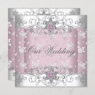 Wedding Pink Silver White Diamond Jewel Lace Invitation