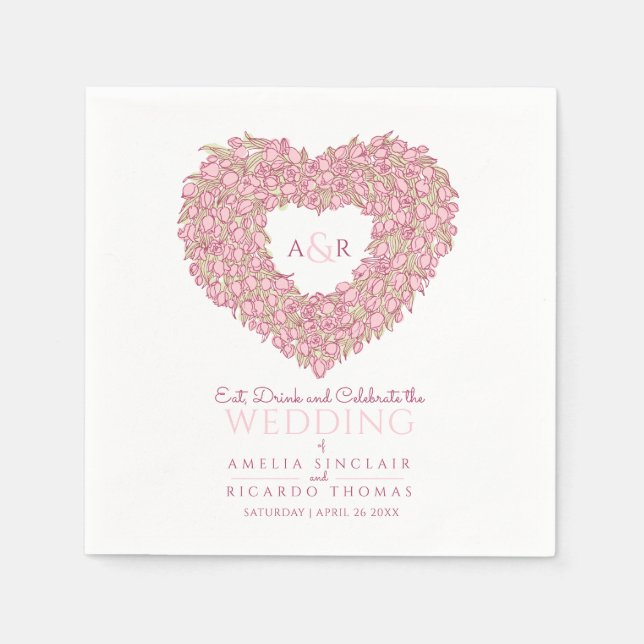 Wedding pink tulip heart bouquet ink drawing  napkins (Front)