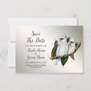 Wedding Pink White Birds Cockatoo Green Leaves Save The Date