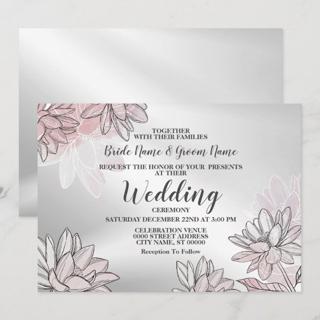 Wedding Pink White Flowers Silver Watercolor Invitation (Front/Back)