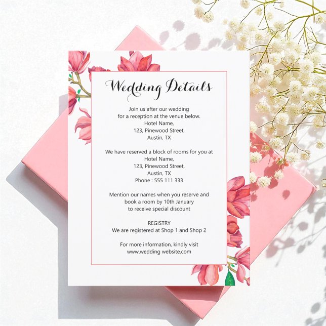 Wedding Pink White Watercolor Magnolia Enclosure Card (Creator Uploaded)