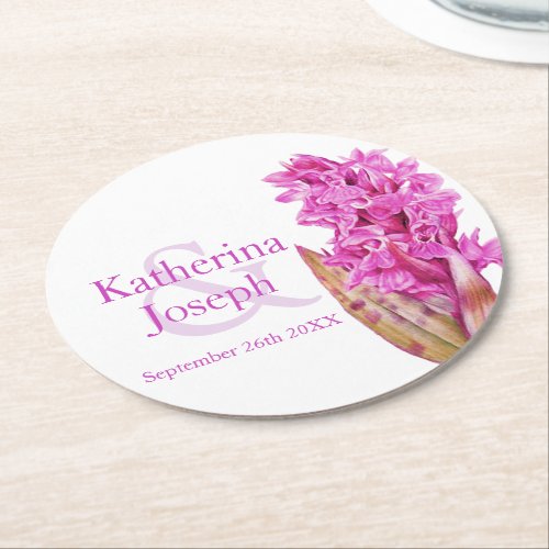 Wedding pink wild orchid watercolor round paper coaster