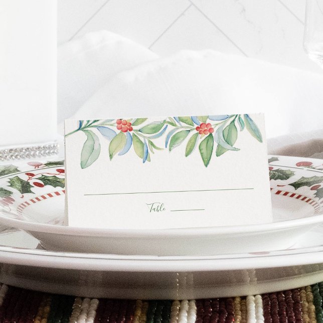 Wedding Place Card, Escort Card, Christmas Card (Christmas place cards botanical greenery with red berries watercolor holiday scenery)
