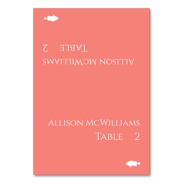 Wedding Place card-Fish Icon-Pink Coral Table Number (Front)
