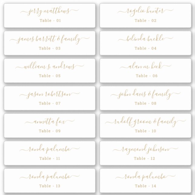 Wedding Place Card Guest Names Table Number Gold Sticker (Front)