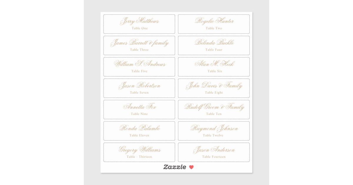 Wedding Place Card Guest Names Table Number Stick Sticker Zazzle