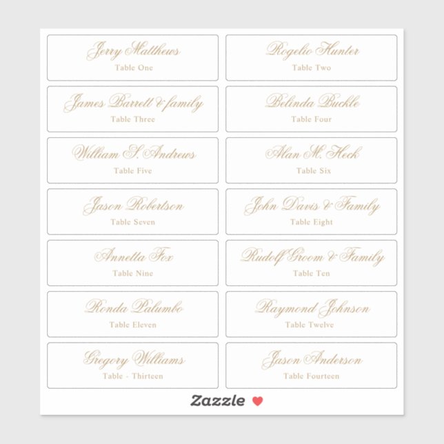 Wedding Place Card Guest Names Table Number  Stick Sticker (Sheet)