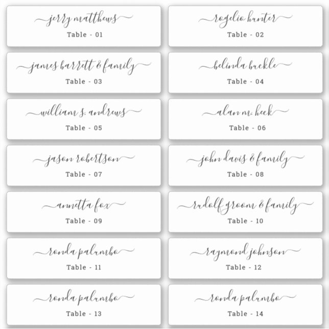 Wedding Place Card Guest Names Table Number  Stick Sticker (Front)