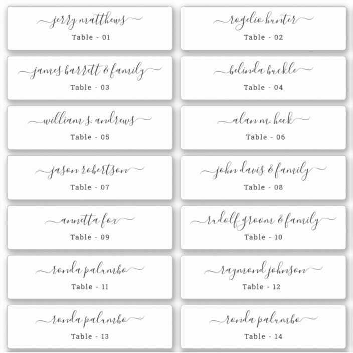 Wedding Place Card Guest Names Table Number Stick Sticker