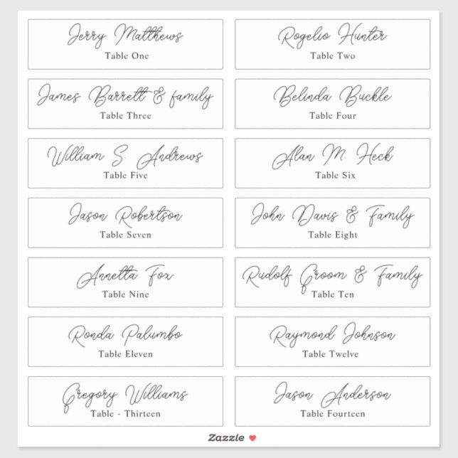 Wedding Place Card Guest Names Table Number  Stick Sticker (Sheet)