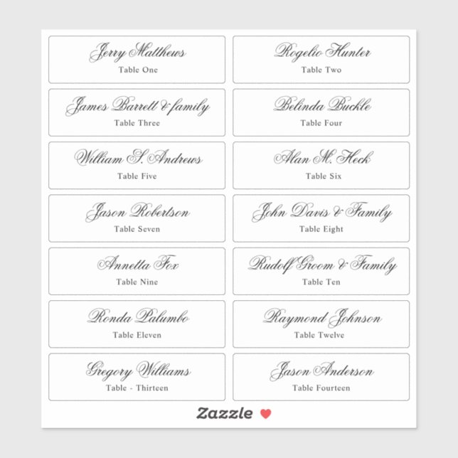 Wedding Place Card Guest Names Table Number  Stick Sticker (Sheet)