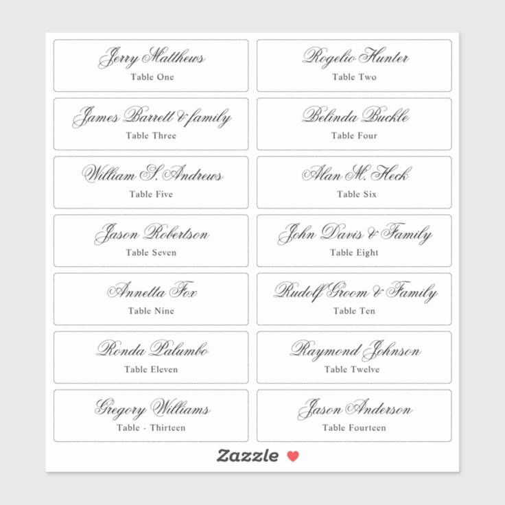 Wedding Place Card Guest Names Table Number Stick Sticker Zazzle