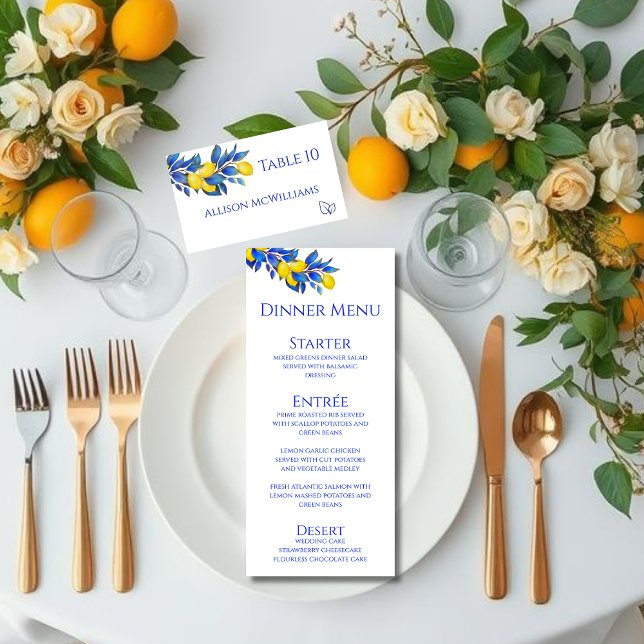 Wedding Place card-Mediterranean-Meat Icon- Table Number (Lemons-Wedding Place card-Mediterranean with meal icons)