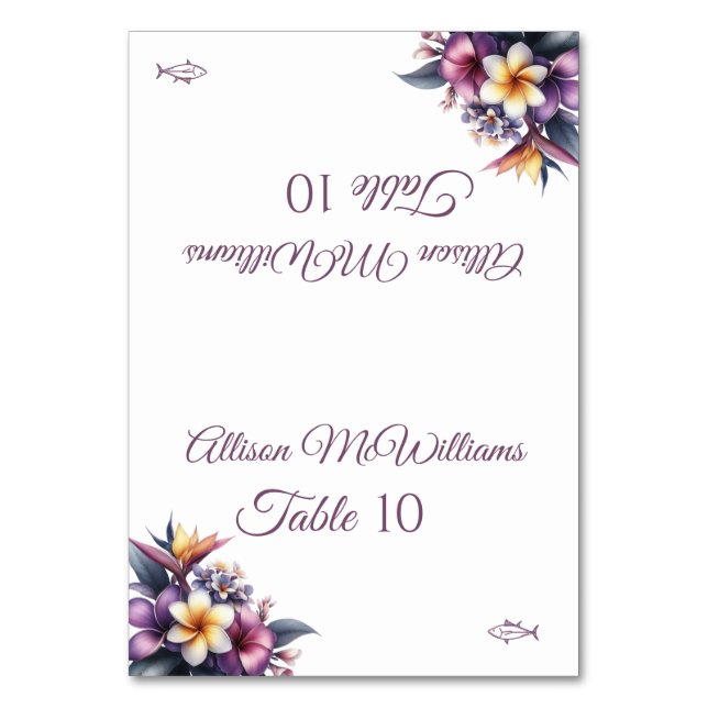 Wedding Place card-Tropical Floral-Fish Icon- Table Number (Front)