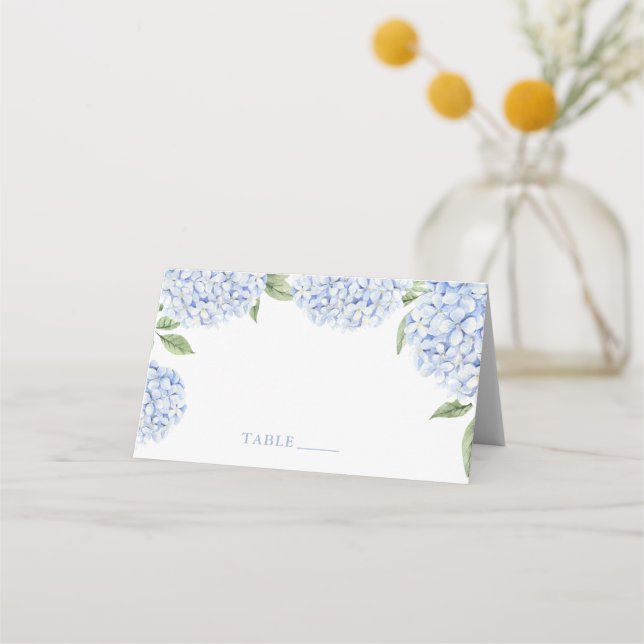 Wedding Place Cards, Blue Hydrangea Border Escort Card (Front)