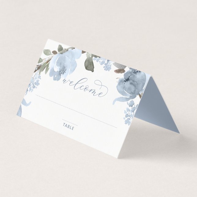 Wedding Place Cards Dusty Blue Soft Watercolor (Front)
