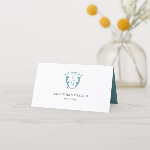 Wedding Place Cards Monogram Crest Turquoise