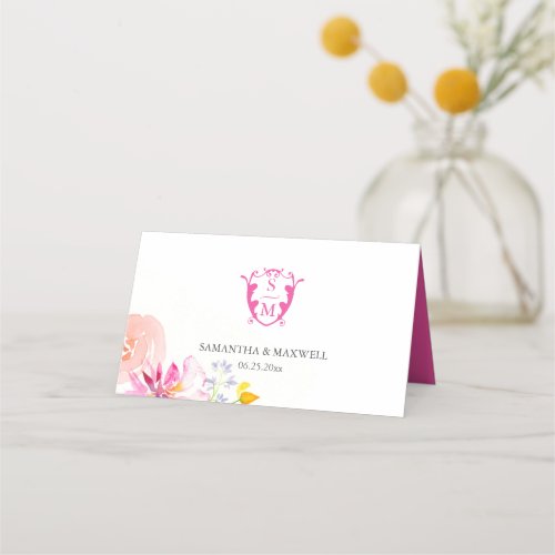 Wedding Place Cards Monogram Pink Flowers